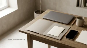 An unlabelled phone, a plain document folder and a closed laptop on a desk.