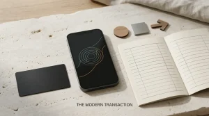 Unbranded bank card beside a phone displaying an abstract digital-wallet symbol