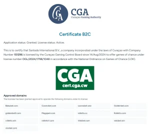 Curaçao Gaming Authority licence record showing goldenbet.com, a licence identifier and its displayed state