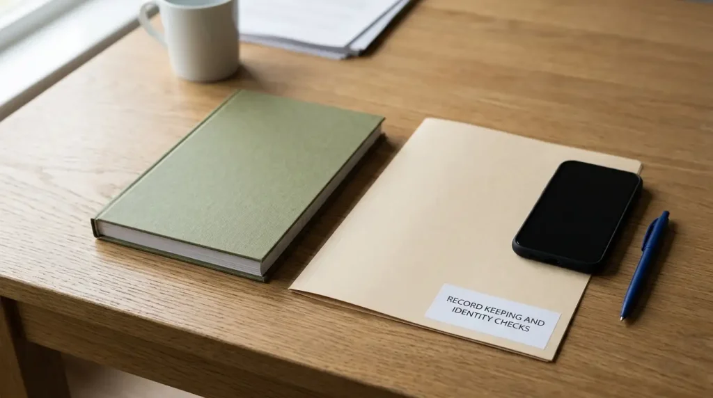 Unbranded paper ledger beside a plain closed document folder and an unmarked phone