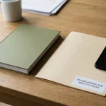 Unbranded paper ledger beside a plain closed document folder and an unmarked phone